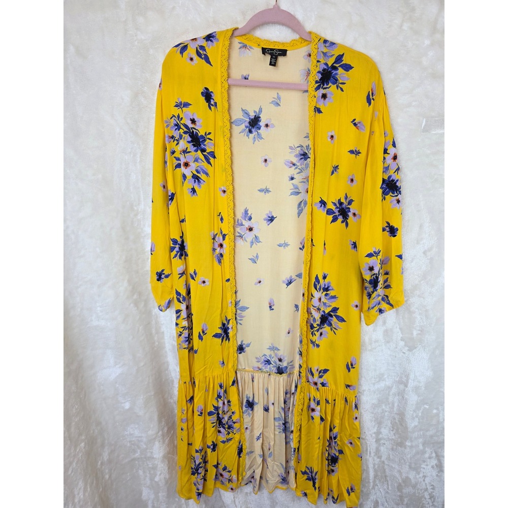 Jessica Simpson Yellow Floral Duster Kimono Crochet Trim‎ Ruffle Hem